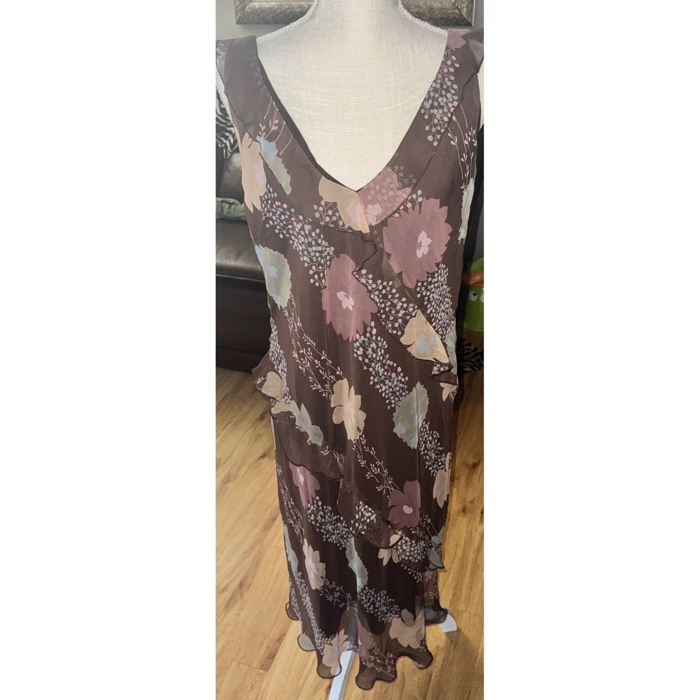 Vtg Y2K Brown Floral Chiffon Ruffle Midi Dress V-Neck Size 14 Boho Modest